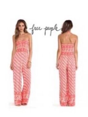 Free People Coral & White Strapless Printed Wide-Leg Jumpsuit